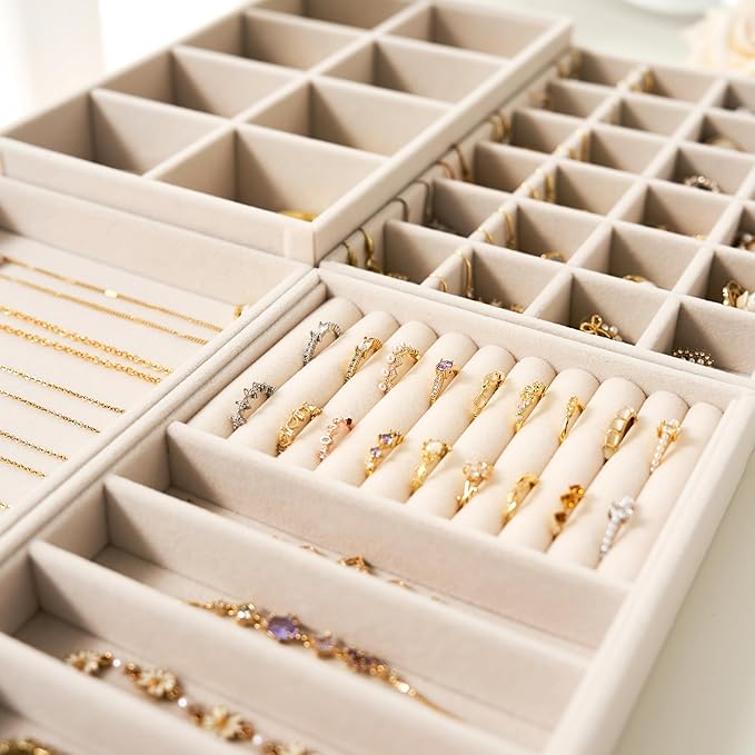 Velvet Jewelry Drawer Organizer Trays – 4-Layer Stackable Jewelry Storage Inserts Set, Beige Jewelry Tray Set for Earrings, Rings, Necklaces, Bracelets with Removable Dividers for Dresser & Vanity