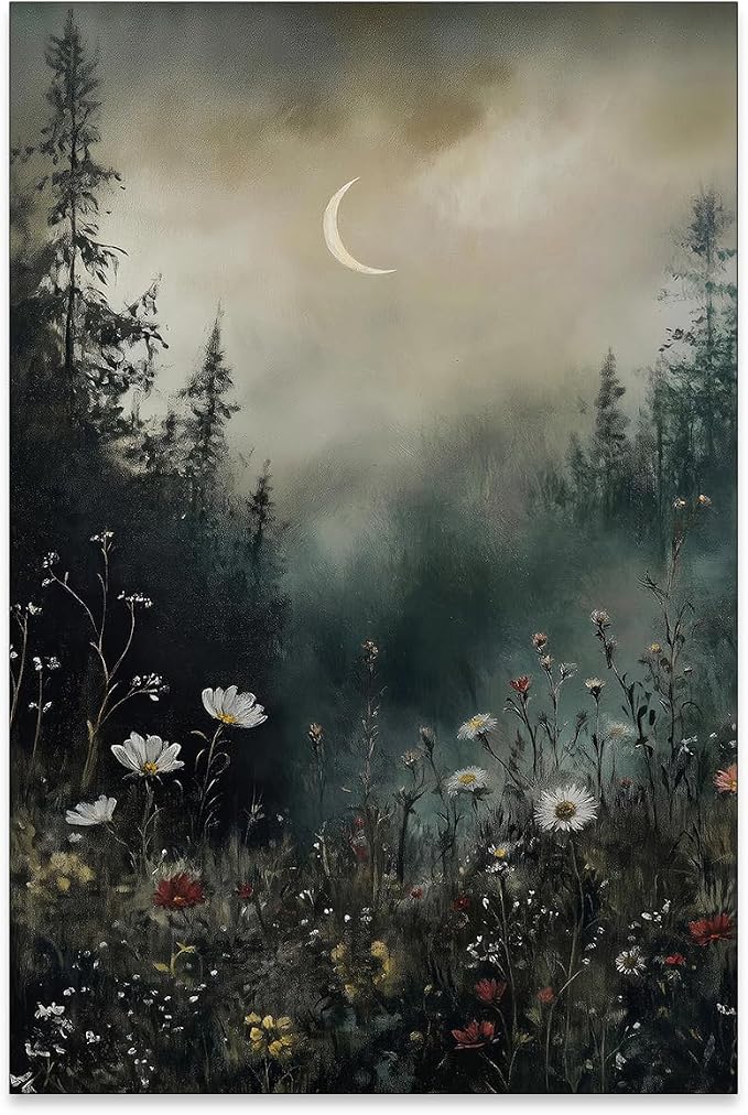 rumlud Dark Flower Field Poster Vintage Moody Academia Wall Art Nature Black