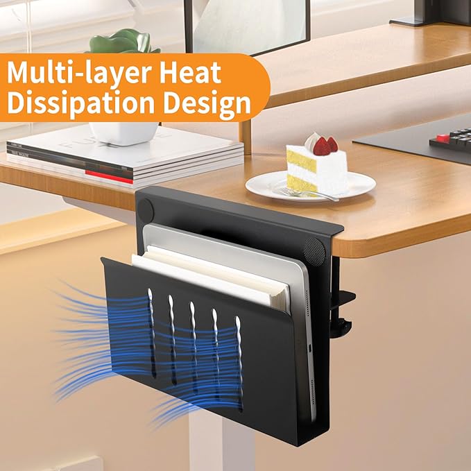 Desk Side Storage with Pen Holder, No Drill Hanging Desk Organizer Under Desk Storage Mount, Clamp-On Laptop Holder Table Side Tray Desktop Organization for Office and Home (Black)
