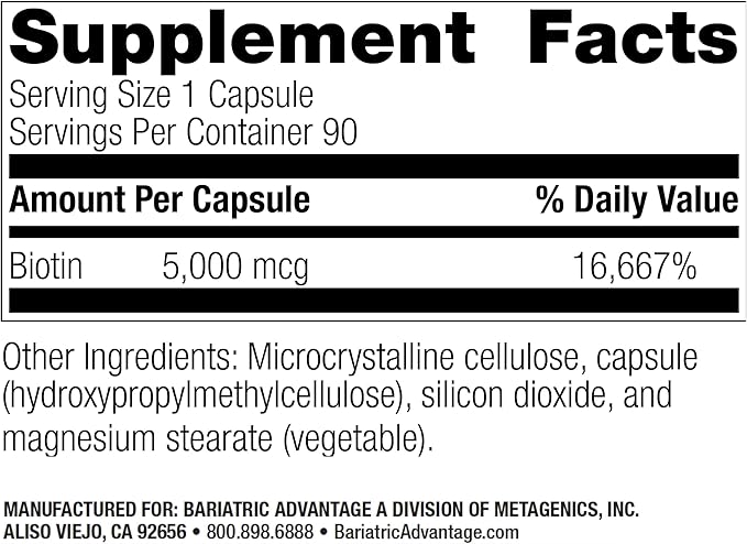 Bariatric Advantage Biotin 5,000 mcg - for Bariatric Surgery Patients - Easy-Digest Mini Capsules - Biotin Supplement - Hair, Skin & Nails Support* - 90 Count