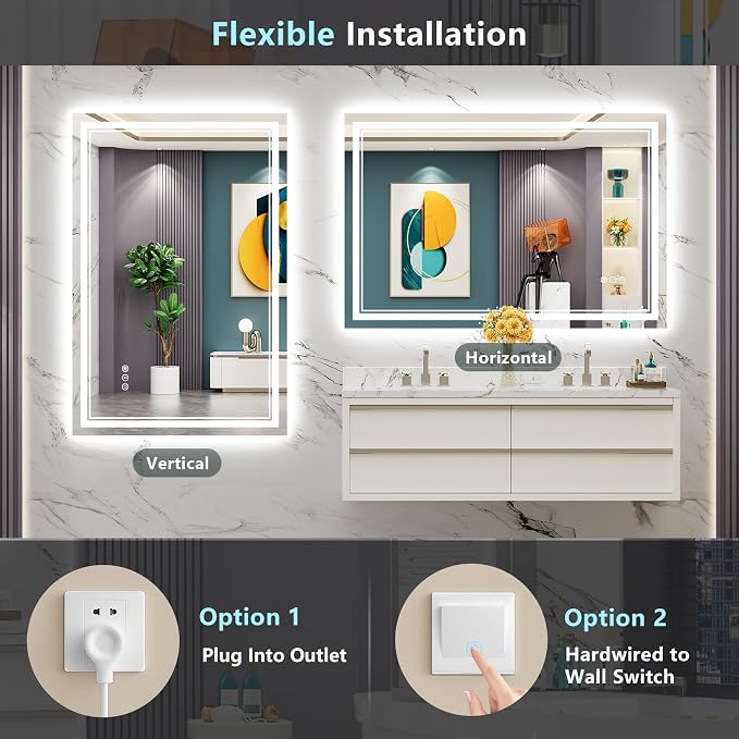 48x28 LED Bathroom Mirror with Lights, Backlit and Front Lit Anti-Fog Lighted