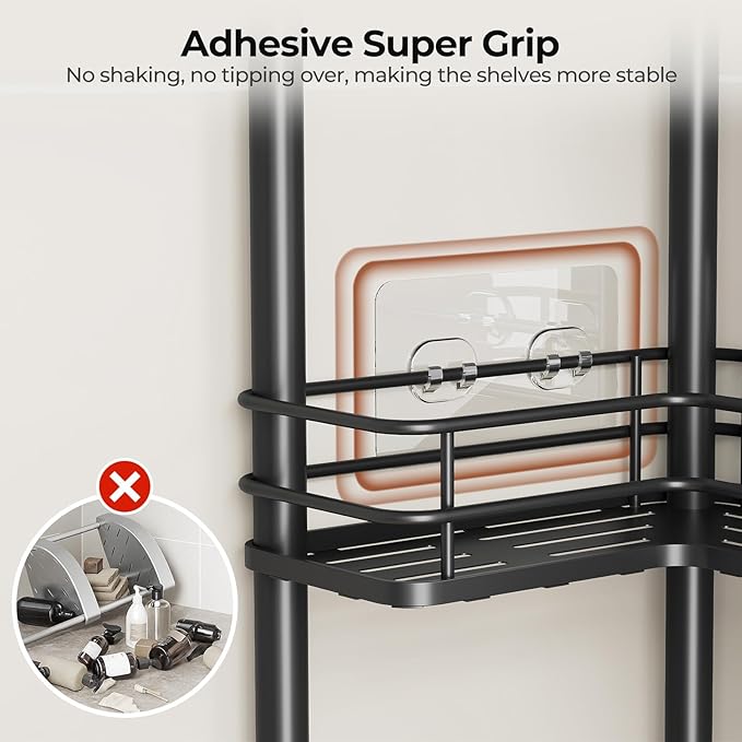 Orimade Rustproof 3 Tier Floor Standing Corner Shower Caddy Organizer with Toothbrush Holder, Large Spacing Floor Shower Shelf Rack Storage Stands with Hooks for Bathroom Kitchen, Black