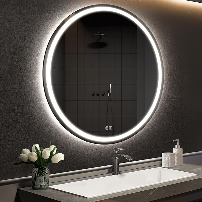 APRILSOUL 44 Inch Round LED Bathroom Mirror with Lights, Makeup Mirror with Front and Backlit, Anti-Fog, 3 Colors and Dimmable Light