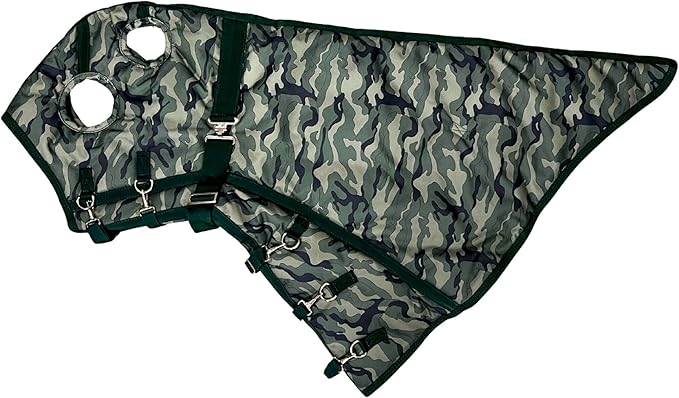 AJ Tack 1200D Waterproof Winter Horse Blanket with Hood - 400g Heavyweight Turnout with Fleece Collar, Shoulder Gussets & Tail Flap - Camouflage 74"