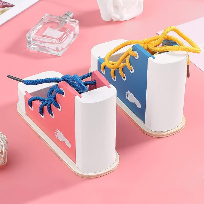 NUOBESTY Shoe Tying Practice for Kids Preschool Learning Toys Learn to Tie Shoes Tying Practice Board Early Educational Developmental Wooden Toy Toddler 2pcs