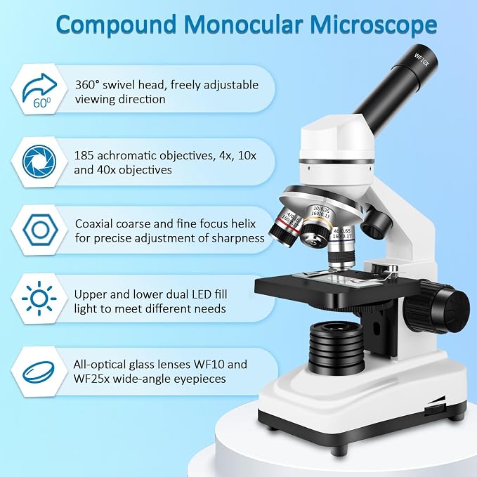 Herwicm Microscope,40X-2000X Microscope with Phone Adapter & Slides Set,Suitable for Students School Lab and Home Education (Monocular Microscope)