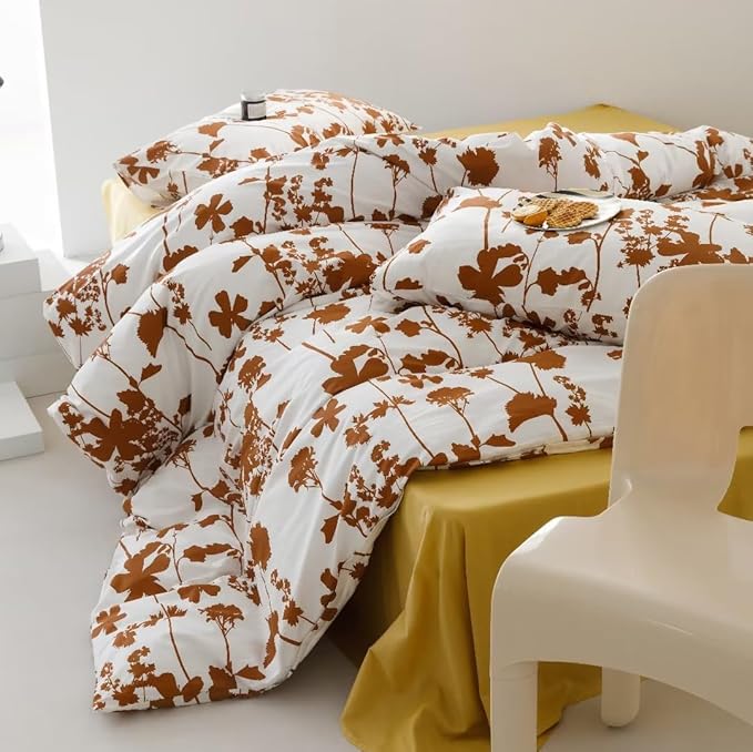 karever Botanical Comforter Set Queen White and Pumpkin Floral Plant Bedding Girls Garden Pattern Printed on Blanket Rustic Leaf Blossom Women Farmhouse Queen,Queen(90''*90'')