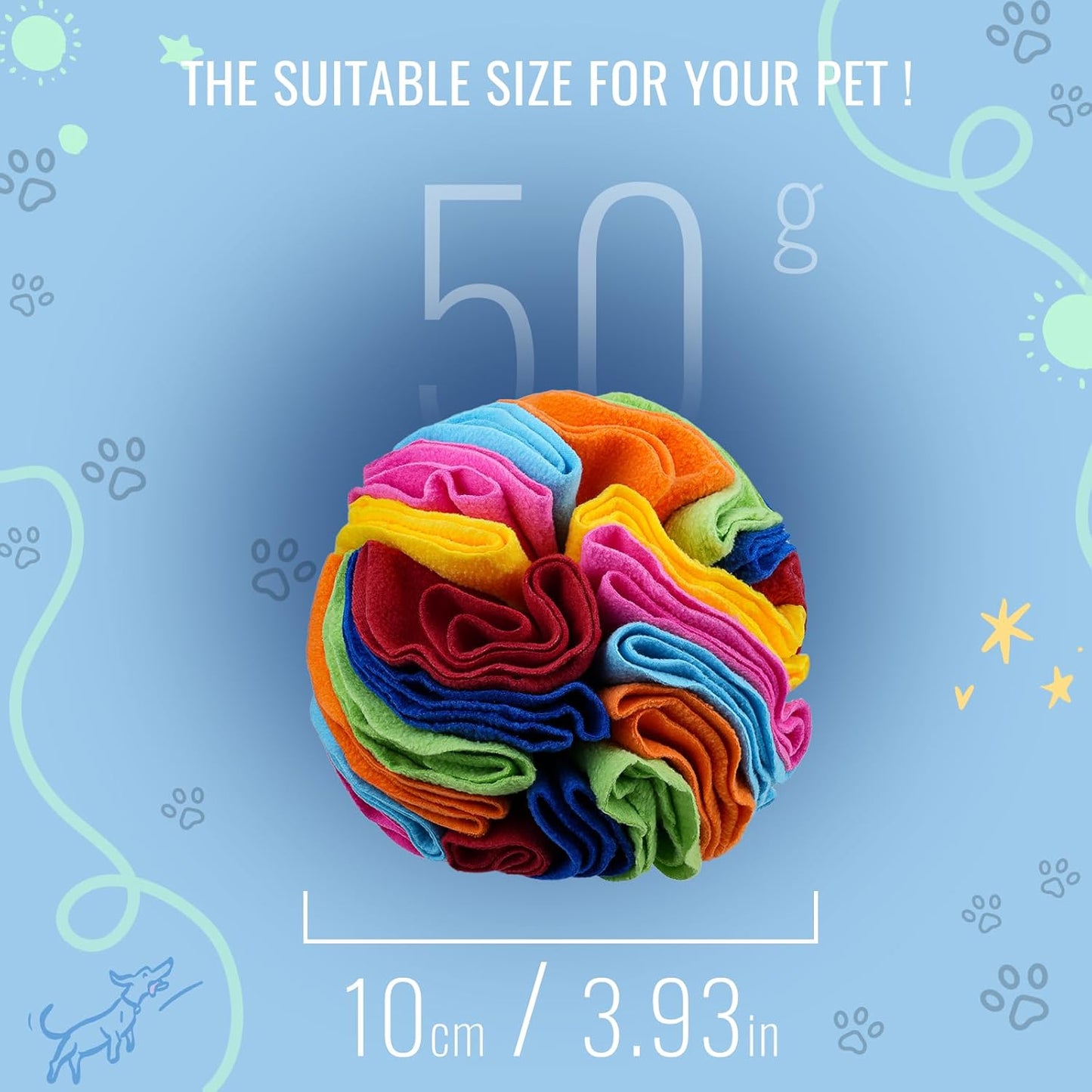 Pet Snuffle Ball, Puzzle Sniffing Interactive Dog Ball for Blind Dogs Training Stress Relief Dog Enrichment Toys Treat Machine Washable (Rainbow Color Upgrade, 10cm)
