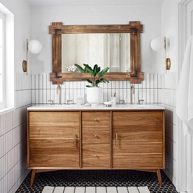 MeMoreCool Rustic Wood Mirror for Bathroom, Farmhouse Wall Mounted Vanity Mirror