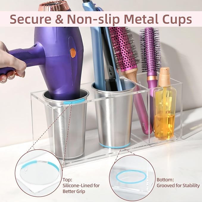 Hair Tool Organizer, Hot Tools Organizer Countertop/Wall Mount, Thick Acrylic Hair Tools Organizer with Anti-Slip Steel Cups, Hair Tool Holder for Bathroom & Vanity Storage UEMUSI