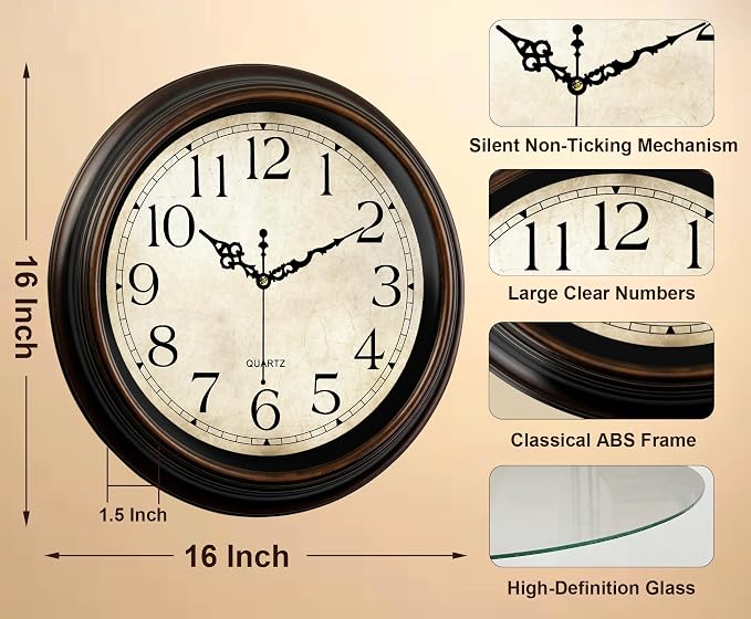 Vintage Wall Clock 16 Inch Quartz Silent Non-Ticking Analog Clock Battery