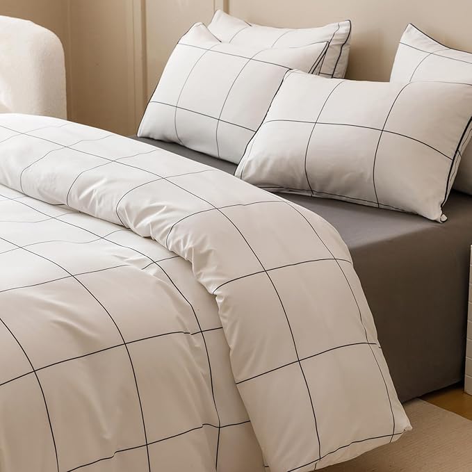 KAREVER White Grid Comforter Cal King Women Black Square Lines Checkered Bedding Set California King White Plaid Comforter Cal King Size