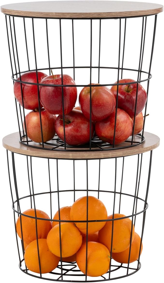 IRIS USA Round Wire Basket with Wooden Lid, 2 Pack, Potato Onion Vegetable Storage, Nestable Storage Bins, Water Resistant Surface, Living Room Bathroom Kitchen, Durable Easy Assembly Space Saving