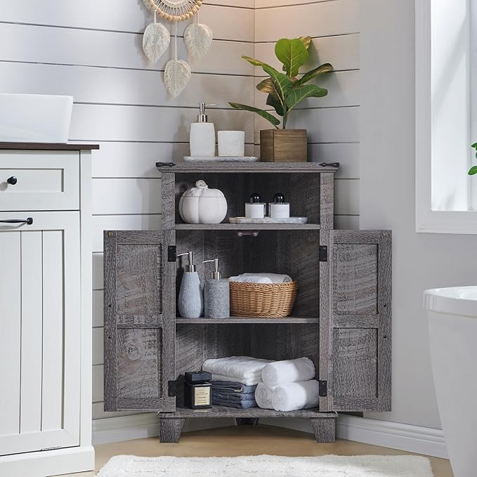 ACCOHOHO Corner Bathroom Cabinet, Farmhouse Small Corner Cabinet with Barn Door & Adjustable Shelf, Storage Cabinets for Bathroom, Kitchen, Living Room, Grey Wash