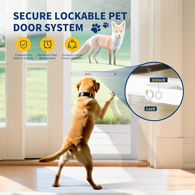 Docred Dog Door for Sliding Glass Door, 74 13/16" to 80 11/16" Adjustable Height Doggy Door for Sliding Doors, Pet Door Insert with Lock for Medium-Sized Dogs,White
