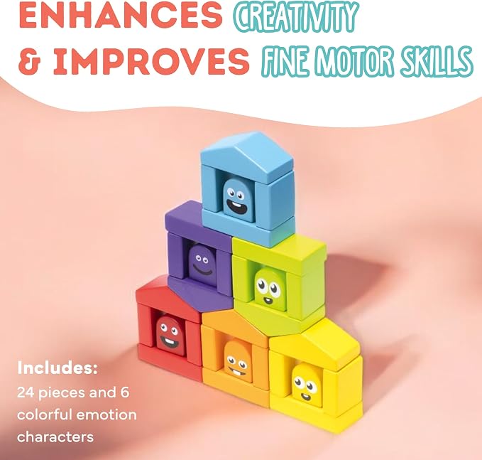 CUBIKA Wooden Construction Set Colorful Houses – 24-Piece Construction Play Set with Emotion Characters for Toddlers 2+– Montessori Toy for Creativity, Cognitive Development, and Emotion Recognition