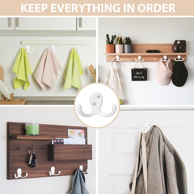 Homanu 34 Pack Coat Hooks, Heavy Duty Double Prong Coat Hooks Wall Mounted