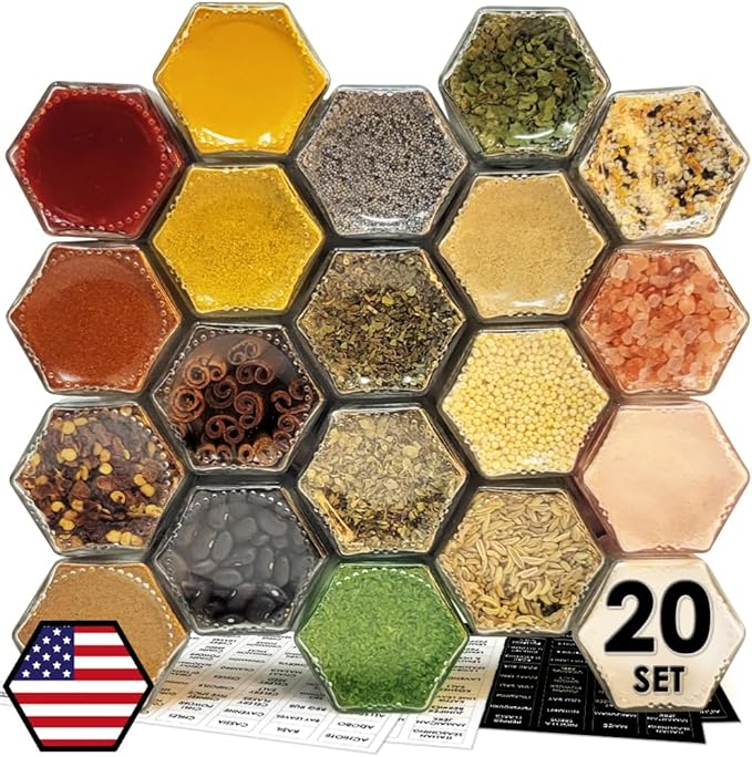 20 Pack Magnetic Spice Jars for Refrigerator, Hexagon Glass Magnetic Spice Jar with Shaker Lids Label for Kitchen RV Travel Trailer Boat, Magnet Seasoning Containers for Fridge Cabinet Wall mount Rack