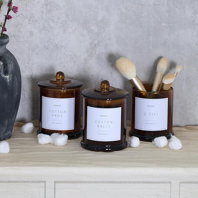 3 Pack Qtip Holder Dispenser, 16oz Bathroom Organizer and Storage Canisters, Glass Apothecary Jars with Lid - Home Decor, Room Decor Aesthetic (Amber)