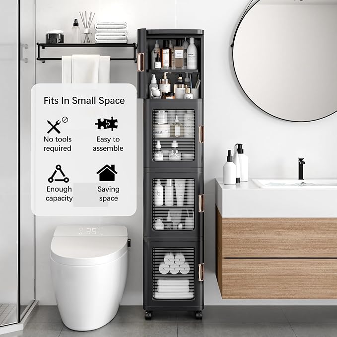 VECELO 4-Tier Tall Narrow Storage Cabinet with Movable Wheels, Adjustable Shelves, Anti-Tip, Slim, for Small Space, Bathroom, Kitchen, Laundry, Black