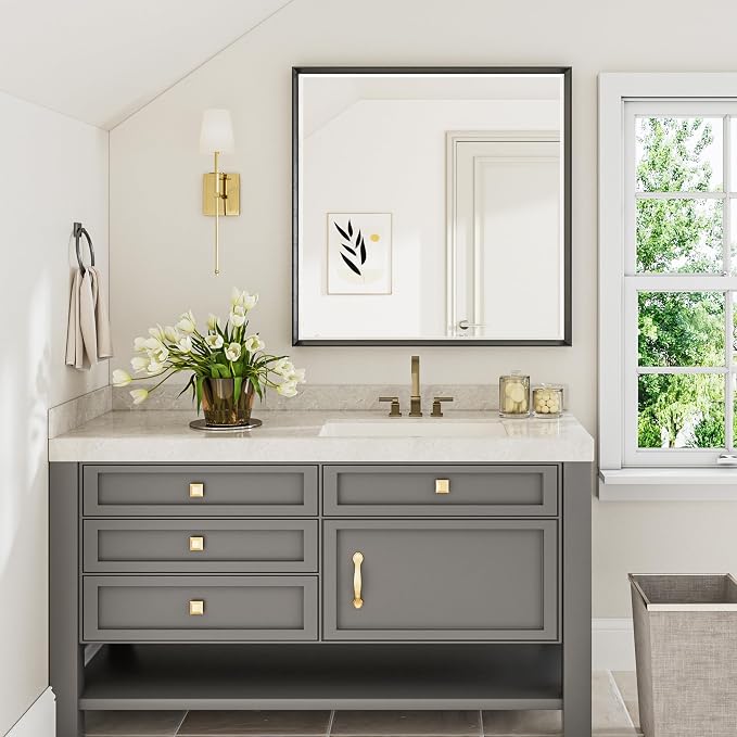 Black Framed Mirror for Bathroom 36x36 Inch Square Beveled Bathroom Mirror