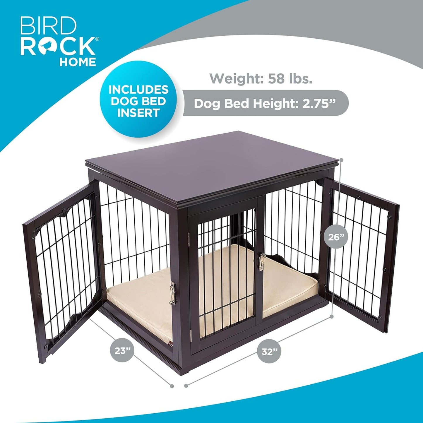 INTERNET'S BEST Decorative Dog Kennel with Pet Bed, Small Pet House, Double Door Indoor Crate, Engineered Wood & Wire Furniture, Side Table & Nightstand, Fits Small Dogs - Espresso