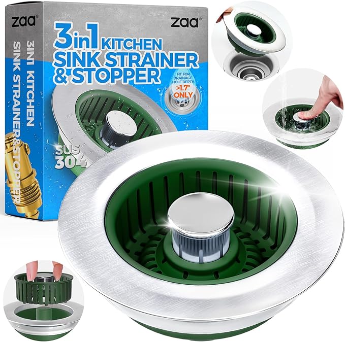 Upgraded 3in1 Kitchen Sink Drain Strainer & Sink Stopper, Stainless Steel Kitchen Drain Plug & Cover with Anti-Clogging Basket Strainer, Fit US Standard 3-1/2'' Sink Drain Hole, OliveGreen