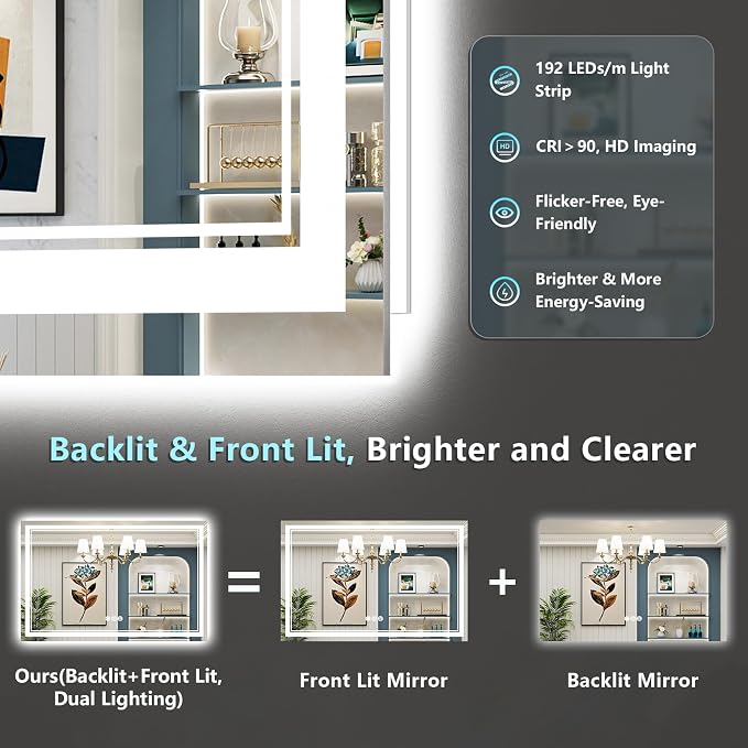 55x36 LED Bathroom Mirror with Lights, Backlit and Front Lit Anti-Fog Lighted