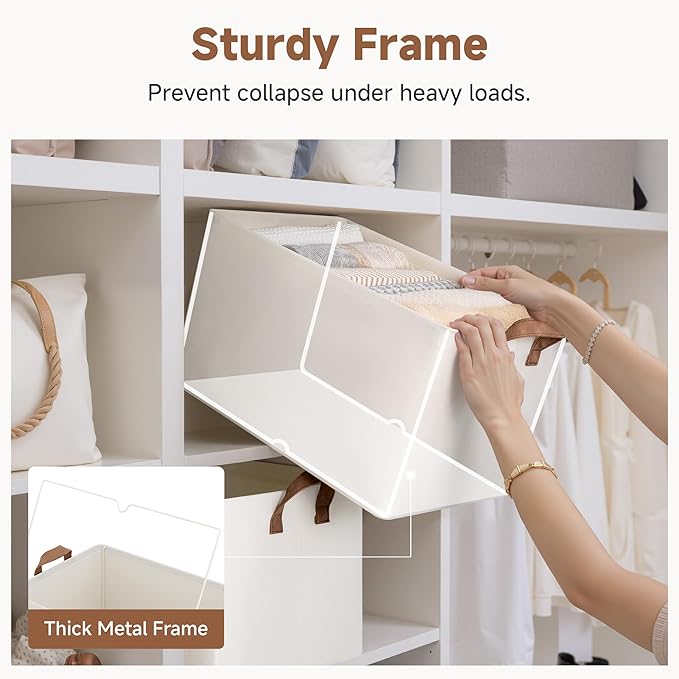 StorageWorks 45L Extra Large Fabric Storage Bins with PU Handles, Storage Baskets for Organizing, Large Laundry Basket, 2-Pack, Beige, 19" L X 13.25" W X 11" H