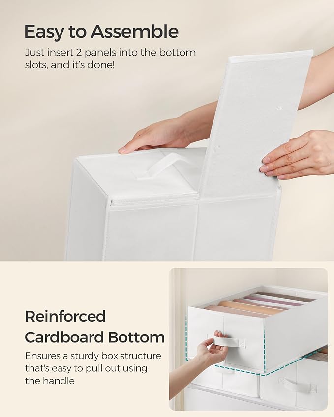 SONGMICS Set of 6 Large Size Wardrobe Clothes Organizers, 6-Compartment Foldable Drawer Organizers with Handles, 16.5 x 11.8 x 6.7 Inches, for Pants, Sweaters, Jeans, Cloud White URUS009W03