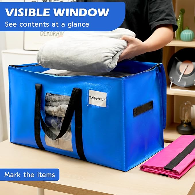 12 Pack Extra Large Moving Bags,Christmas Decoration Storage Bins,37Gallon Heavy Duty Storage Totes with Visible Window & Tag Pocket,Moving Boxes Alternative,Packing Bags For Dorm Closet RV(Blue)