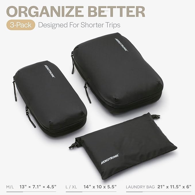 Aerotrunk Ultralight Compression Packing Cubes - Lightweight Travel Organizers for Suitcases and Luggage (3-Pack, Black)