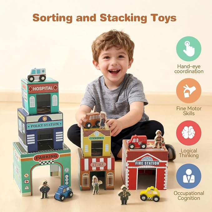Youuys 3-in-1 Sorting and Stacking Toys for Toddlers 1-3 with Building Blocks, Wooden Community Helpers, Montessori Nesting Boxes for Preschool Learning Stocking Stuffers for Boys Girls