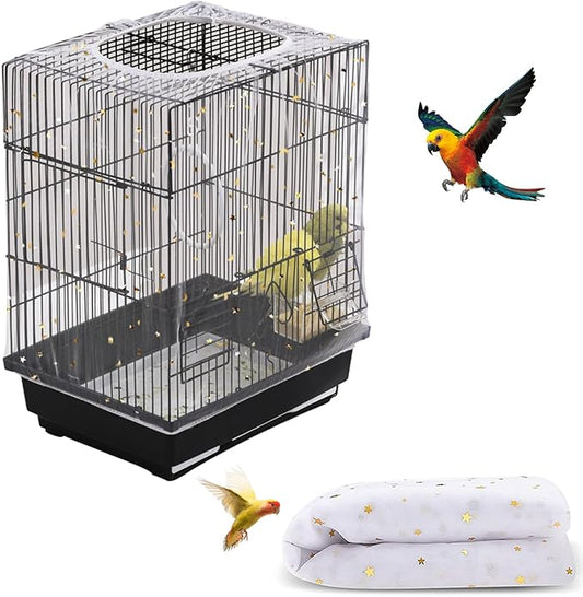 Bird Cage Seed Catcher, Seed Catcher Guard Net Cover, Parrot Nylon Mesh Net Cover, Universal Soft Airy Cage Net Stretchy Skirt for Round Square Cages (Star-White, 15.7" x87")