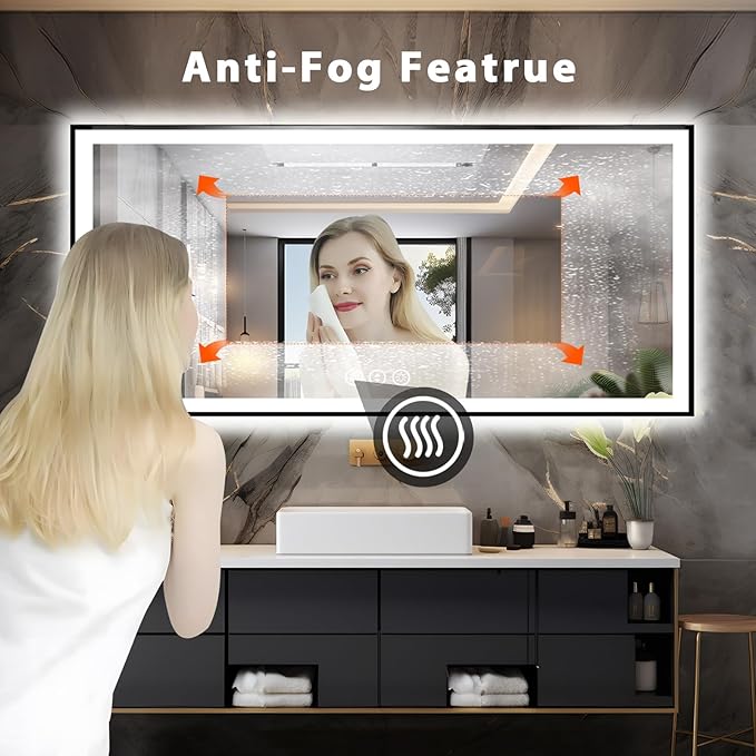 84x32 LED Bathroom Mirror, Black Aluminum Framed, Backlit + Front-Lit, 3 Colors Temperature Changeable, Dimmable Vanity Mirror, Tempered Glass, Defog, Waterproof, Memory (Horizontal/Vertical)