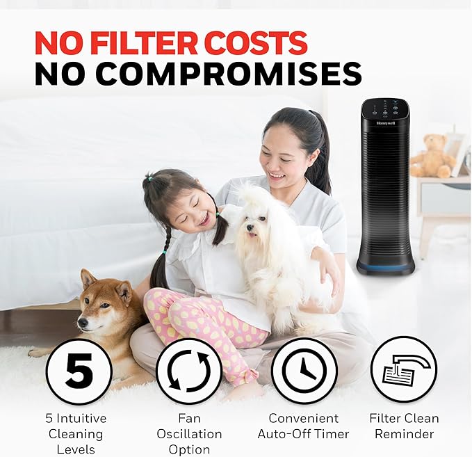 Honeywell Air Genius 5 Air Purifier for Large Rooms up to 1200 Ft², Permanent Washable Filters, Reduces Dust, Pollen, Pet Dander, Odors, Smoke, Black, HFD320