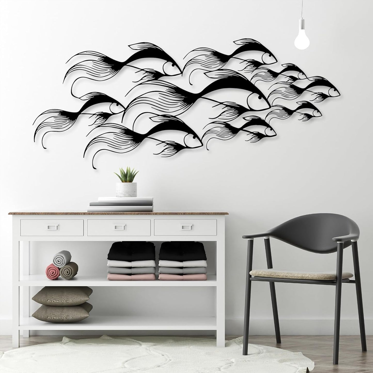 School of Fish Metal Wall Art, Metal Fish Wall Decor, Sea Life Wall Art, Large Nautical Wall Hanging, Modern Beach House Wall Decor, Ocean Themed Artwork for Bathroom (White, 59"x25" | 150x64cm)