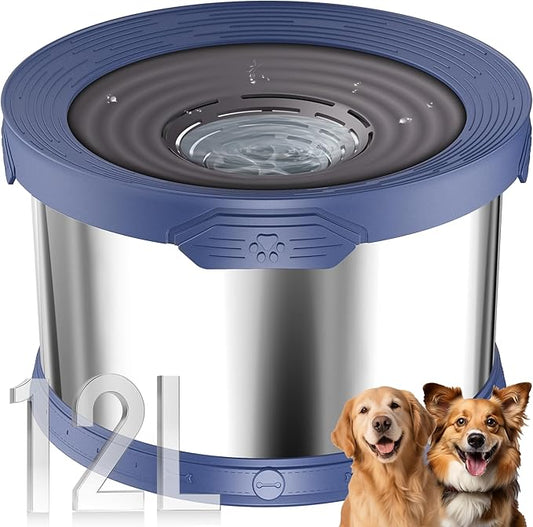 UPSKY Dog Water Bowl No Spill 12L Stainless Steel, 3.17 Gallon Large Capacity Spill-Proof Dog Bowls, Non-Slip Slow Drinking Anti-Splash Bowl for Large Messy Drinkers, No Mess Indoor/Outdoor Use, Blue