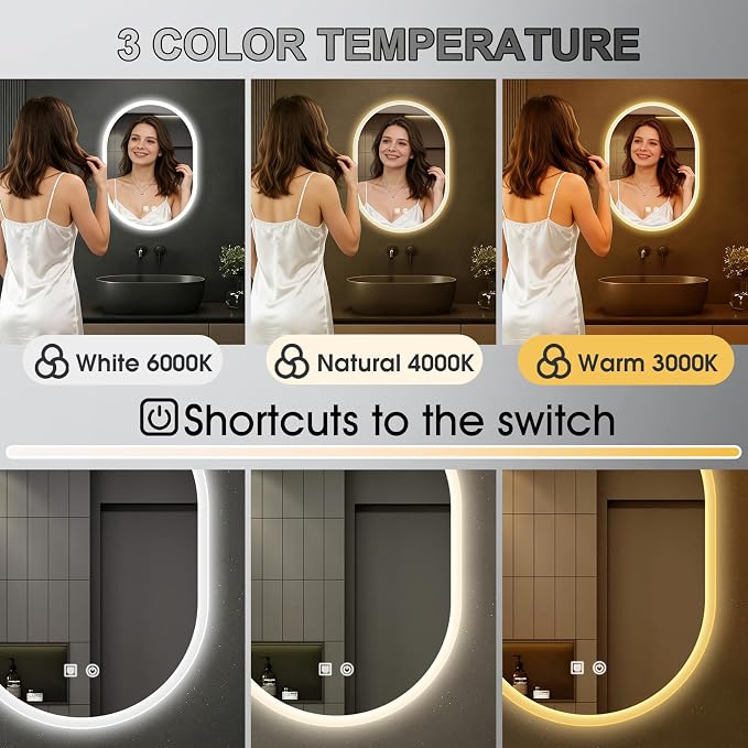 16x24 LED Bathroom Mirror with Lights Oval, Lighted Bathroom Vanity Mirror