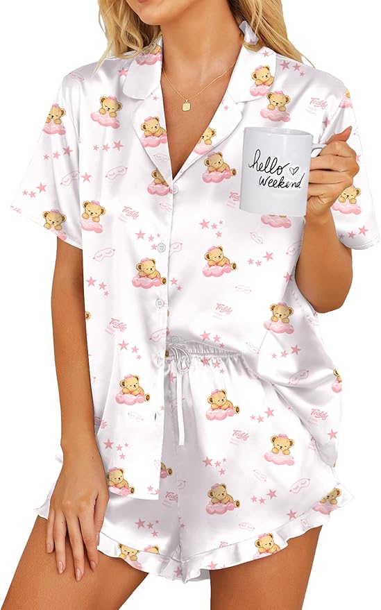 Ekouaer Womens Satin Pajamas Set Button Down 2 Piece Silk Pjs Shorts Set Ruffle Lingerie Notch Collar Sleepwear