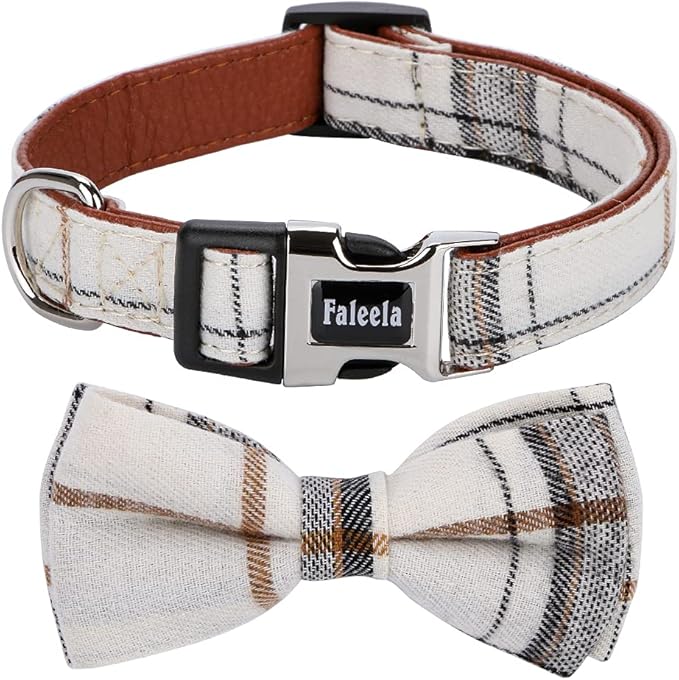 Faleela Soft &Comfy Bowtie Dog Collar,Detachable and Adjustable Bow Tie Collar,for Small Medium Large Pet (L, Beige)