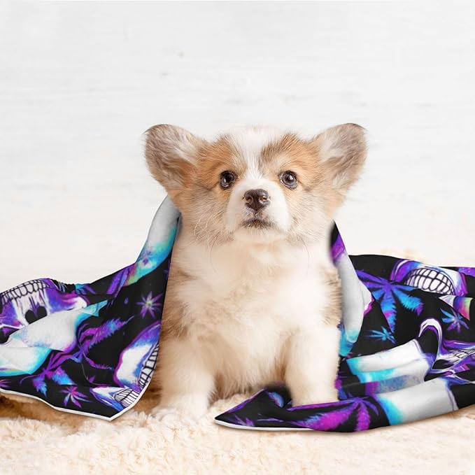 Reversible Plush Pet Blanket for Puppies Kittens, Blue Weedleaf Trippy Skull Crossbones Black, Double Sided Gentle Dot Texture for New Pets Adjusting to Home Environment Softly