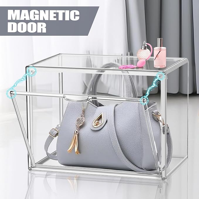 10 Pack Purse Organizer for Closet, 14.1''x8.6''x10.9 '' Clear Acrylic Display Case with Magnetic Door, X-Large Plastic Stackable Handbag Organizer for Collectibles, Figures, Size 14 Shoes, Cosmetic