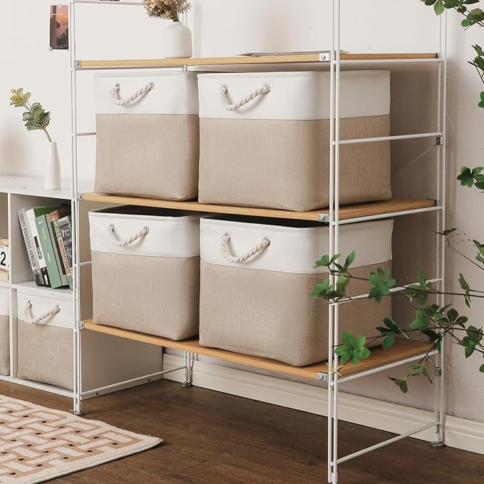13×15×13 Inch Storage Cubes,6 Pack Cube Storage Bins for Shelves,Fabric Collapsible Storage Bins with Handles, Foldable Storage Basket for Organizing Clothes,Books (White&Beige,13"x15"x13")