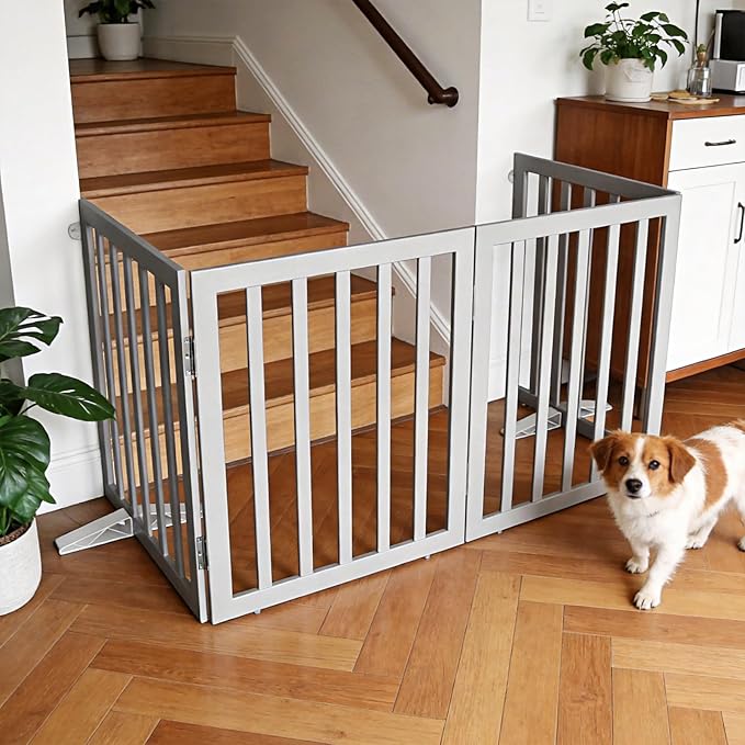 ZJSF Freestanding Indoor Dog Gate for House Foldable Wood Puppy Gate for Doorways Pet Gate for Stairs Extra Wide Pet Fence, Grey, 24" Height 2 Panels