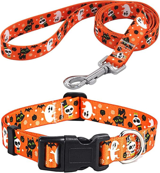 Halloween Dog Collar and Leash Set - Pumpkin Bat Ghost Pattern - Adjustable for Small Medium Large Dogs(Halloween Set,M)