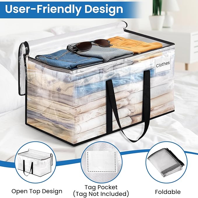 RoomHacks Clear Heavy Duty Extra Large Moving Bags, Reinforced Handle and Double Zipper Storage Bags, Packing Bags Alternative (4 Packs)