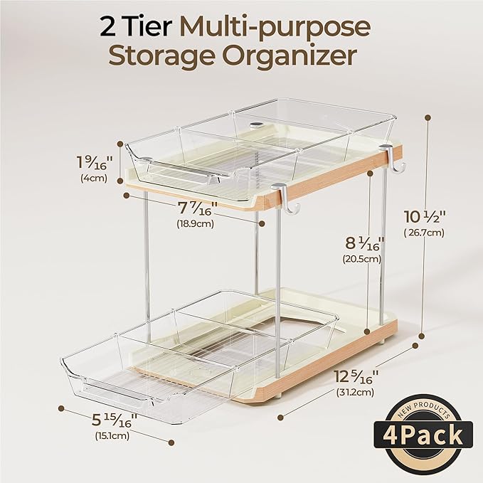 Delamu 2 Tier Under Sink Organizer Bathroom, Bathroom Cabinet Organizer with Snap-Lock Design and Hooks, Pull Out Storage with Movable Dividers, for Countertop, Kitchen and Pantry (Wood Grain, 4 Pack)