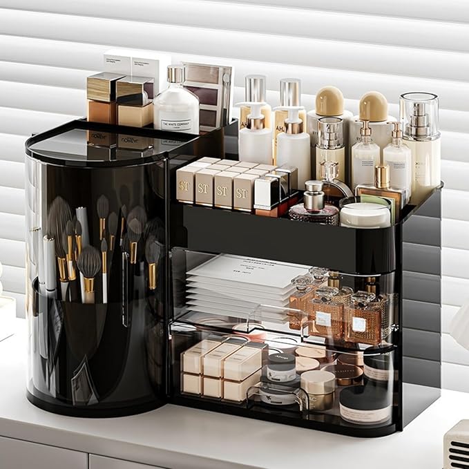 Makeup Organizer with Rotating Brush Holder Cosmetic Organizer with Drawers Countertop Skincare Organizer for Vanity,Cosmetic Display Case Storage (Black, Large)
