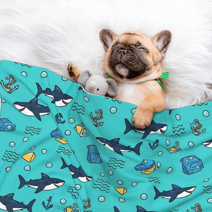 Double Sided Pet Bed Blanket for Added Cushion Warmth, Cute Shark and Anchor, Reversible Cover with Textured Dot Surface for Existing Beds Standalone Mat